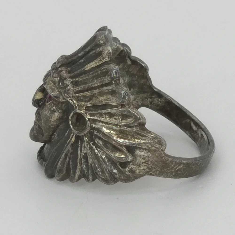 3D Chief Head Biker Sterling Silver Men's Ring Ruby Eyes Size 10.75 NA Large